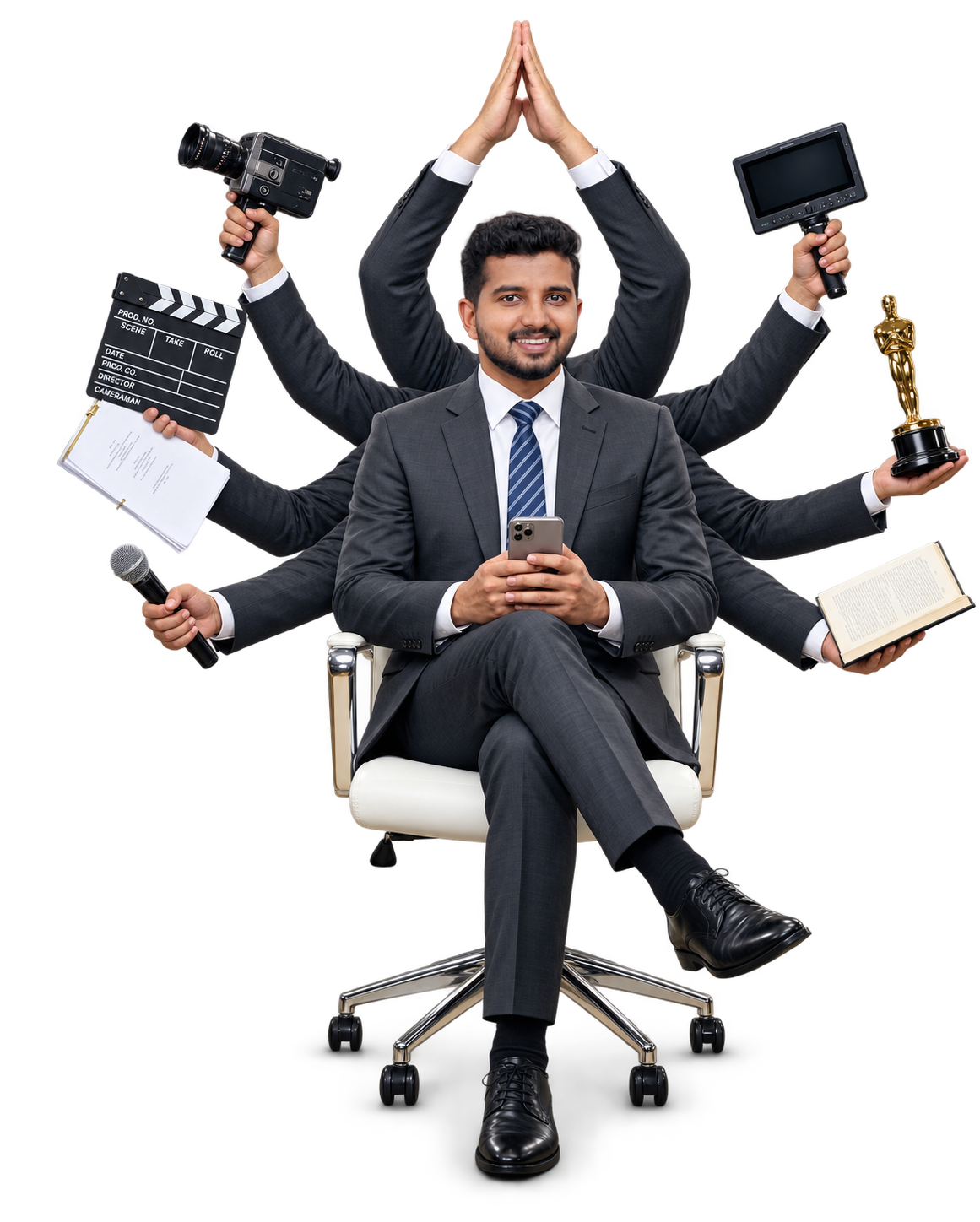 Creative portrait of Vishnu Viswanath with multiple arms holding filmmaking tools