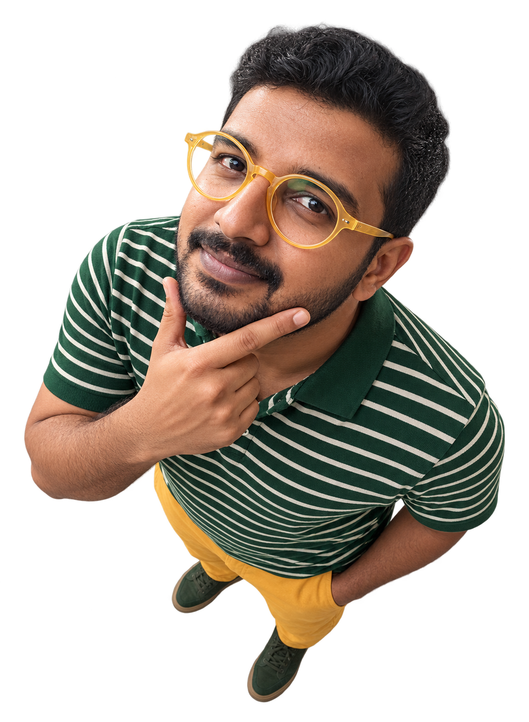 Overhead portrait of Vishnu Viswanath wearing amber glasses in a thoughtful pose